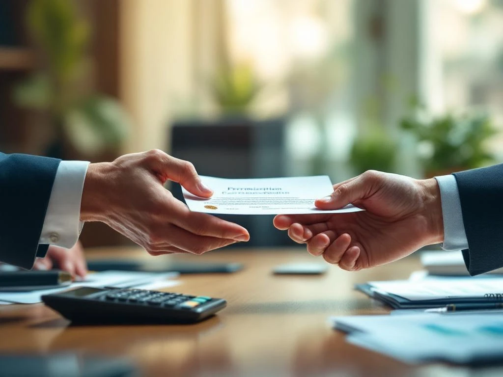 Twee handen in professionele handdruk, overdracht officieel document met zegel op kantoorbureau met financiële papieren