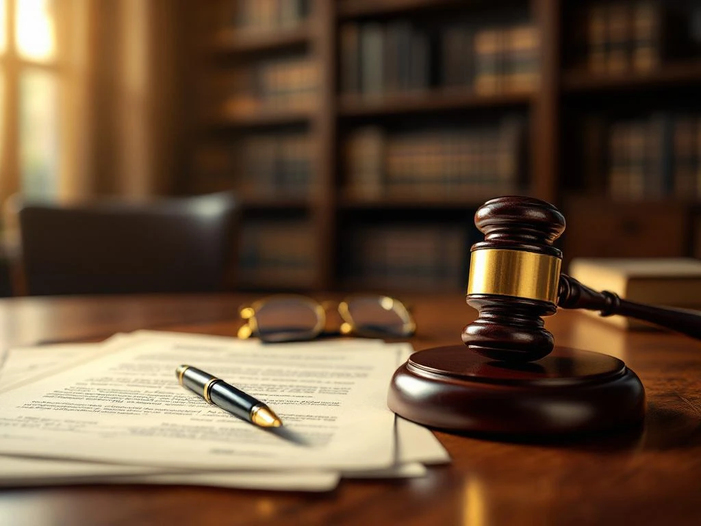 Houten bureau met juridische documenten, hamer, bril en vulpen, met juridische boeken op achtergrond