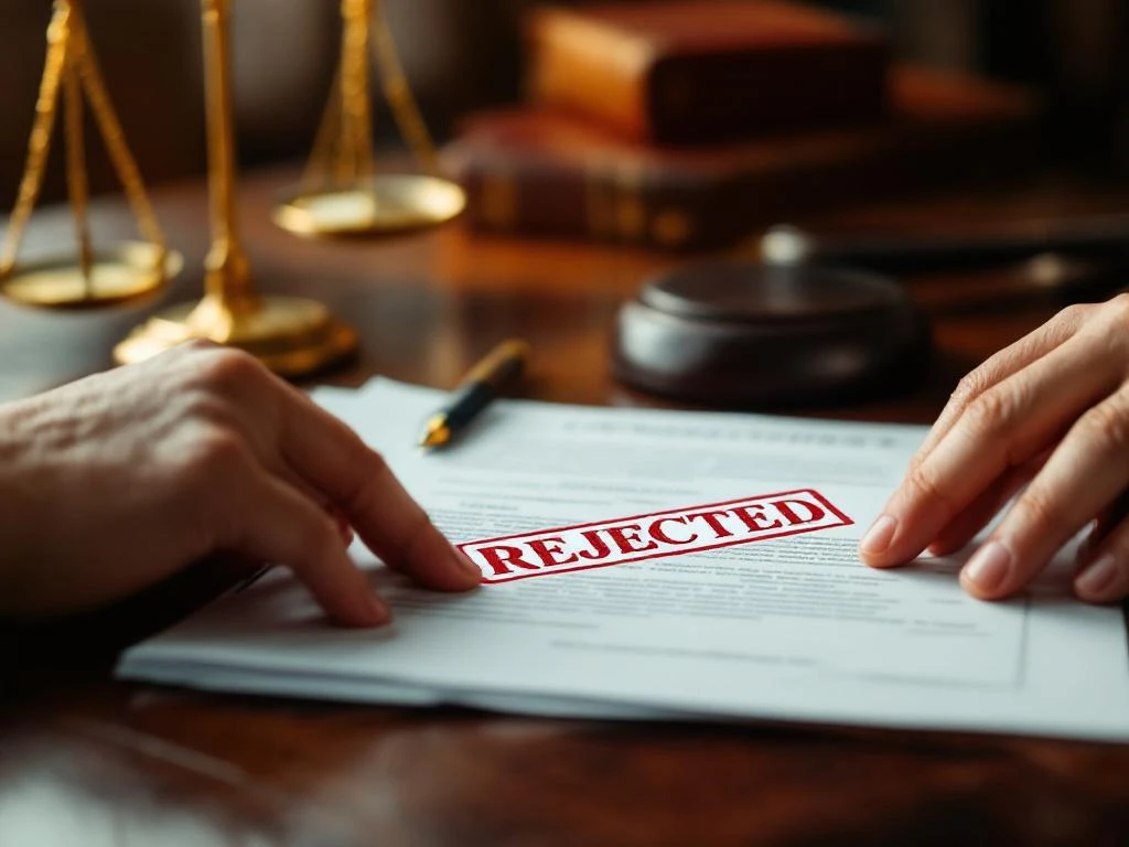 Handen houden juridisch document met rood "AFGEWEZEN" stempel op houten bureau met weegschaal en hamer op achtergrond