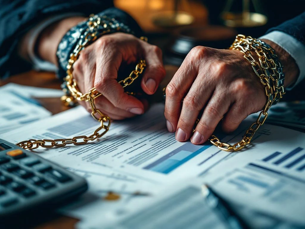 Handen gebonden door gouden kettingen op juridische documenten met hamer en weegschaal op achtergrond
