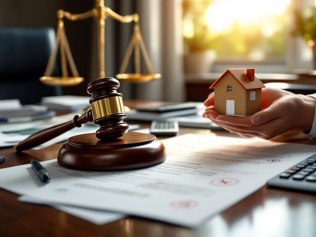 Houten hamer op juridische documenten naast gouden weegschaal en beschermende handen rond huismodel op bureau