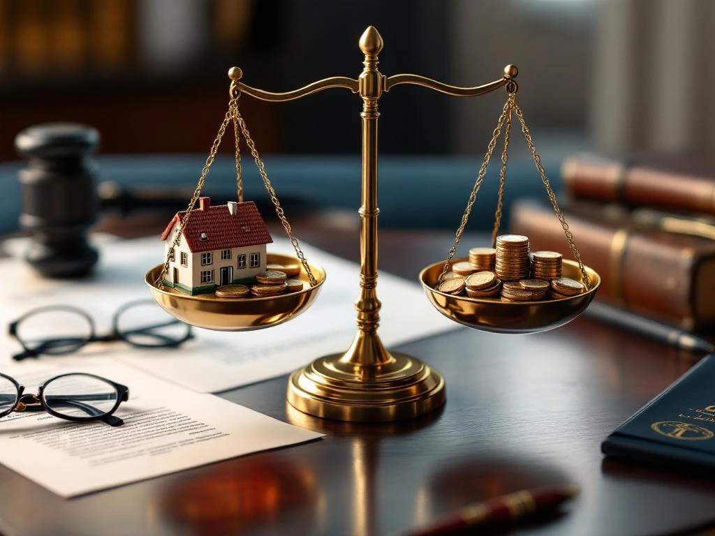 Koperen weegschaal op mahoniehout bureau met miniatuuhuis, munten en juridische documenten voor financiële bescherming