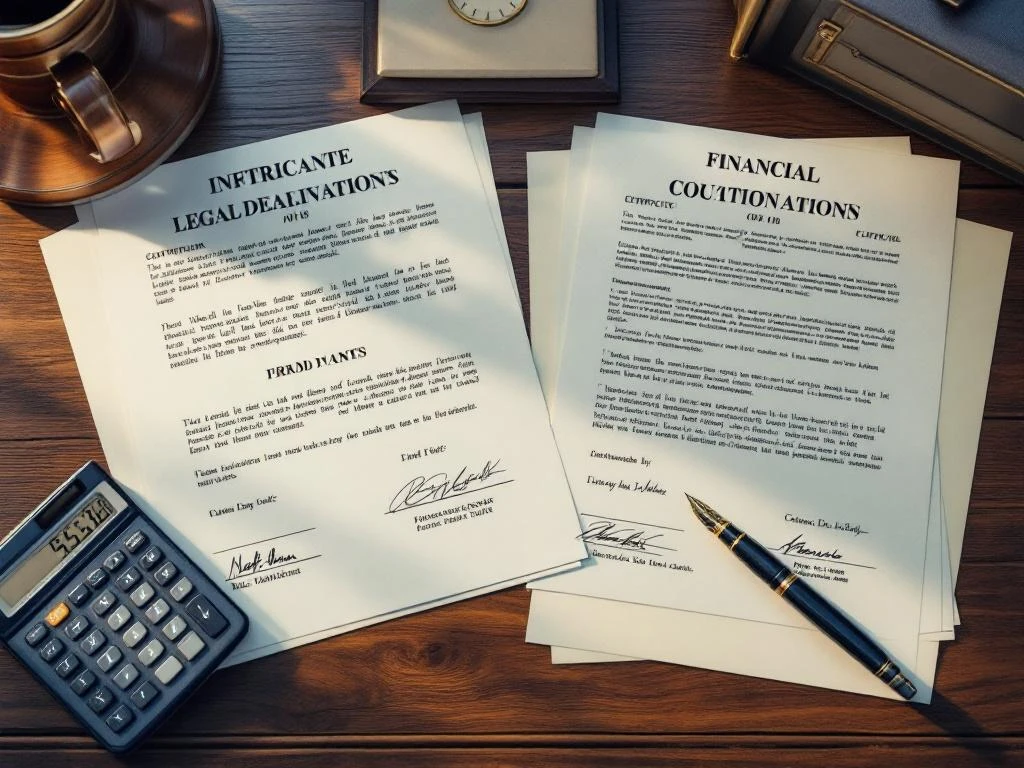 Houten bureau met juridische documenten, handtekeningen, stempels, vulpen, rekenmachine en ordners in professioneel licht