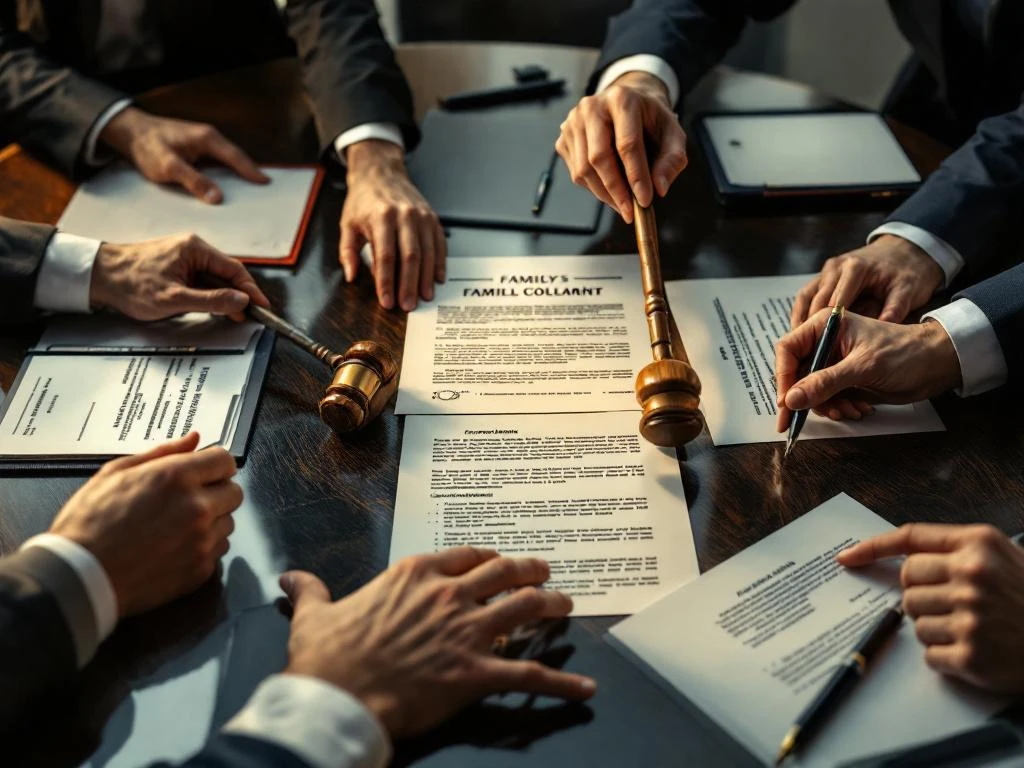 Conferentietafel met juridische documenten, handtekeningen en stempels, meerdere handen in zakelijke kleding, houten hamer