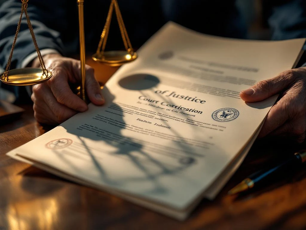 Verweerde handen houden officiële juridische documenten met rechtbankstempels vast op houten bureau met weegschaal