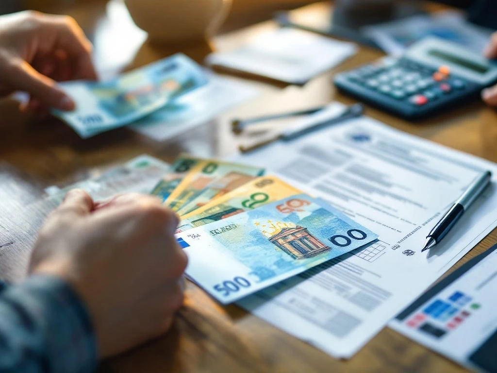 Handen organiseren Nederlandse eurobiljetten en uitkeringsformulieren op houten bureau met rekenmachine en pen
