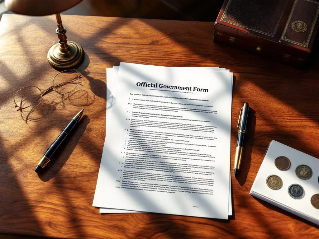 Nederlandse overheidsformulier op mahoniehout bureau met vulpen, bril en juridische documenten met officiële zegels