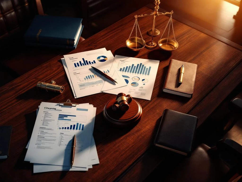 Rechtszaal van bovenaf met rechtersbank, hamer, juridische documenten, financiële rapporten en weegschaal van justitie
