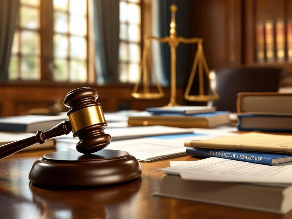 Rechtszaal met rechterstafel, hamer, wetboeken en justitieweegschaal in professionele advocatenkantoor setting