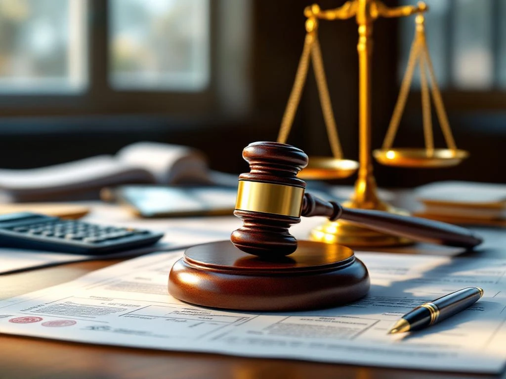 Houten rechtershamer op juridische documenten met weegschaal van justitie en financiële paperassen op mahonie bureau