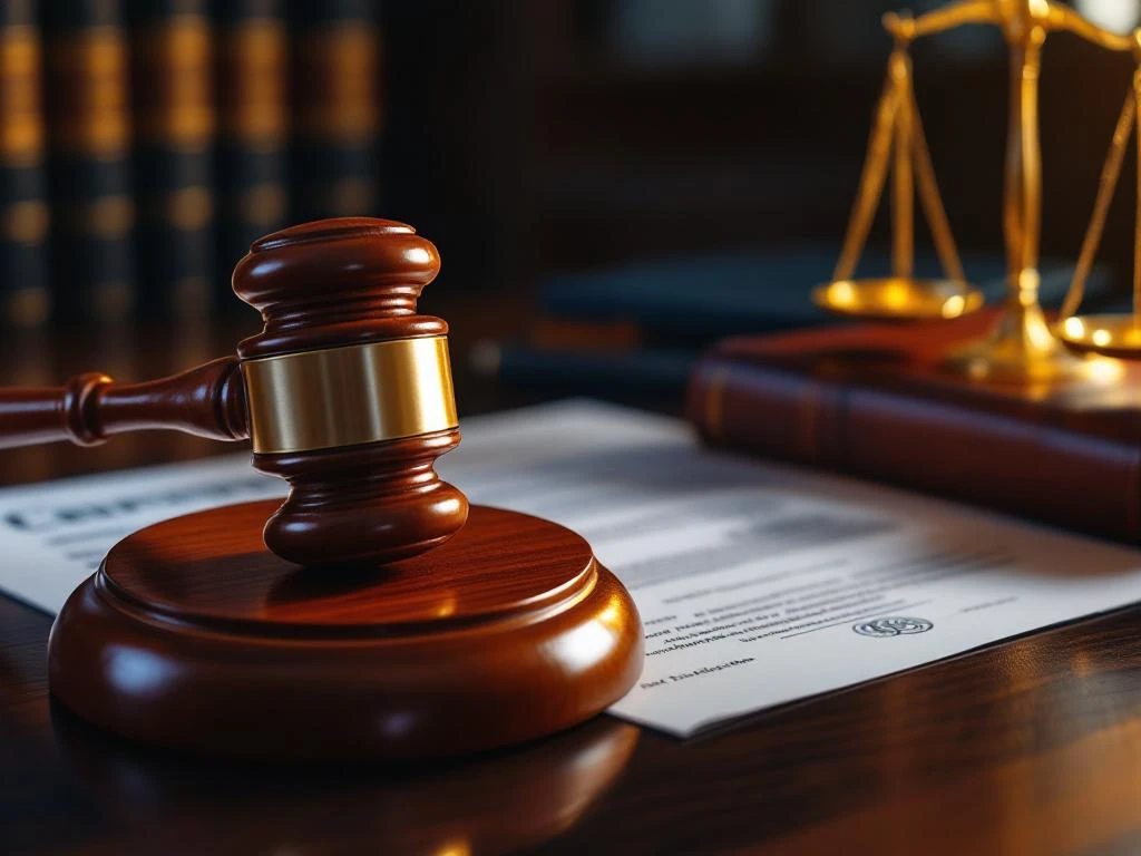 Rechterlijke hamer op juridische documenten met zegels op mahonie bureau, wetboeken en weegschaal op achtergrond