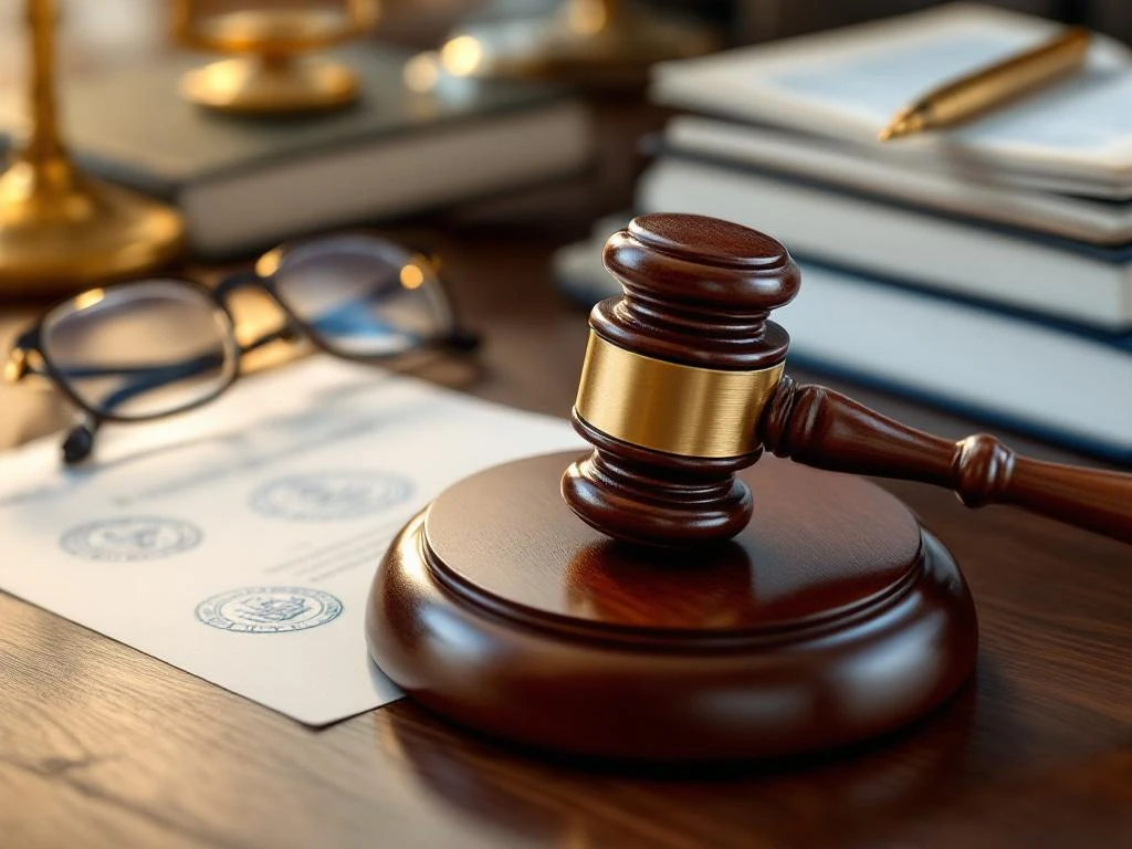 Houten rechterlijke hamer op juridische documenten met wettelijke papieren en leesbril op bureau