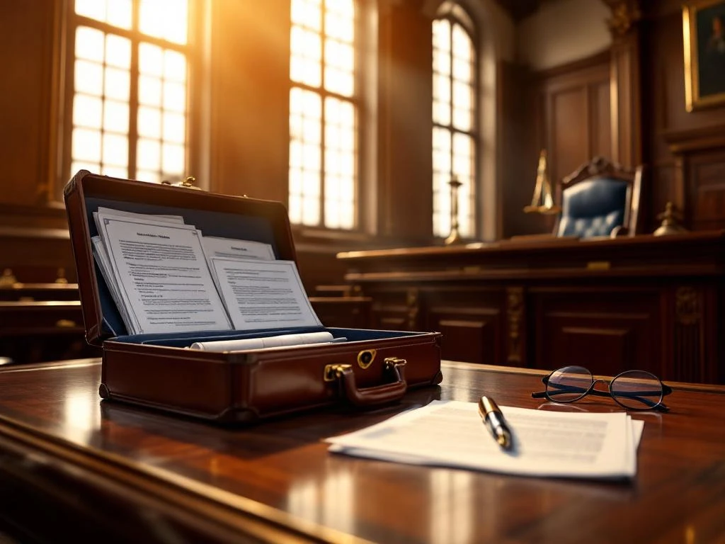 Advocatenkantoor met open leren aktetas vol juridische documenten op mahoniehout tafel voor rechtersbank