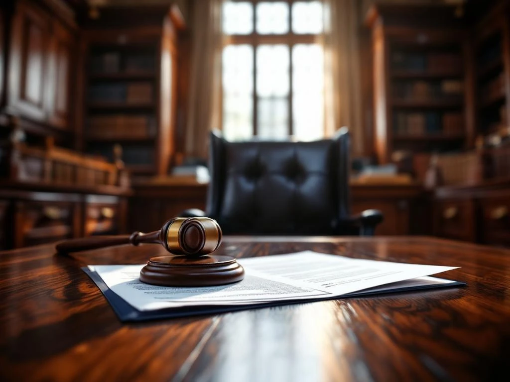 Rechtszaal met houten rechterstafel, hamer en juridische documenten op mahoniehout, wetboeken op achtergrond