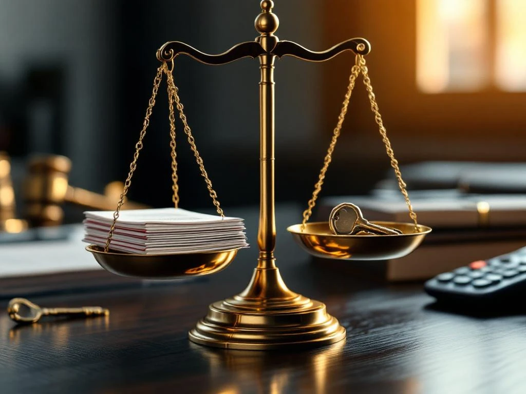 Weegschaal van justitie van gepolijst messing op houten bureau met documenten en sleutel, juridische boeken op achtergrond