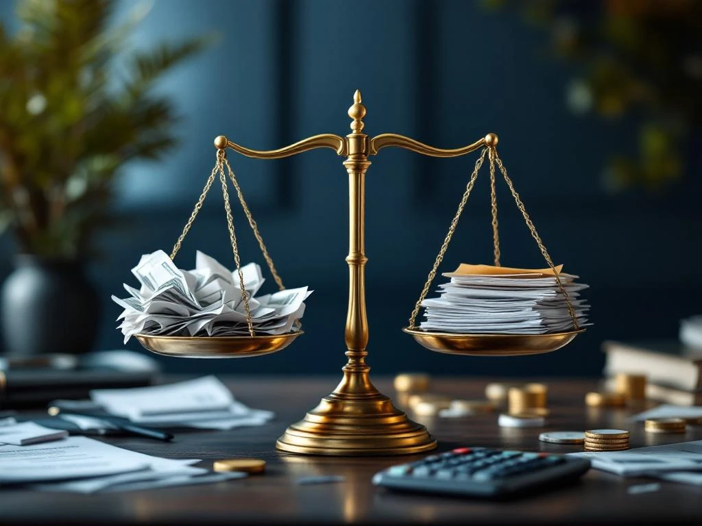 Messing weegschaal op houten bureau met schulddocumenten en financiële oplossingen, symboliseert schuldhulp en balans
