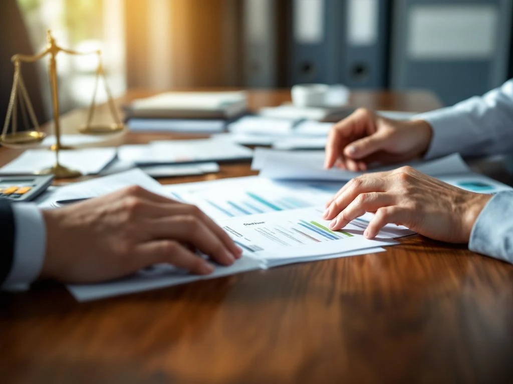 Professionele handen organiseren financiële documenten op houten bureau met rekenmachines en budgetspreadsheets