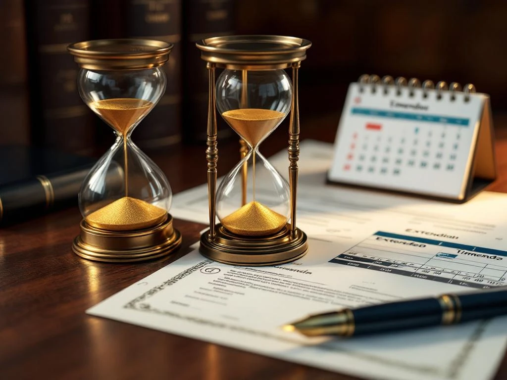 Zandloper met gouden zand op mahonie bureau omringd door juridische documenten en juridische boeken voor voogdijrecht