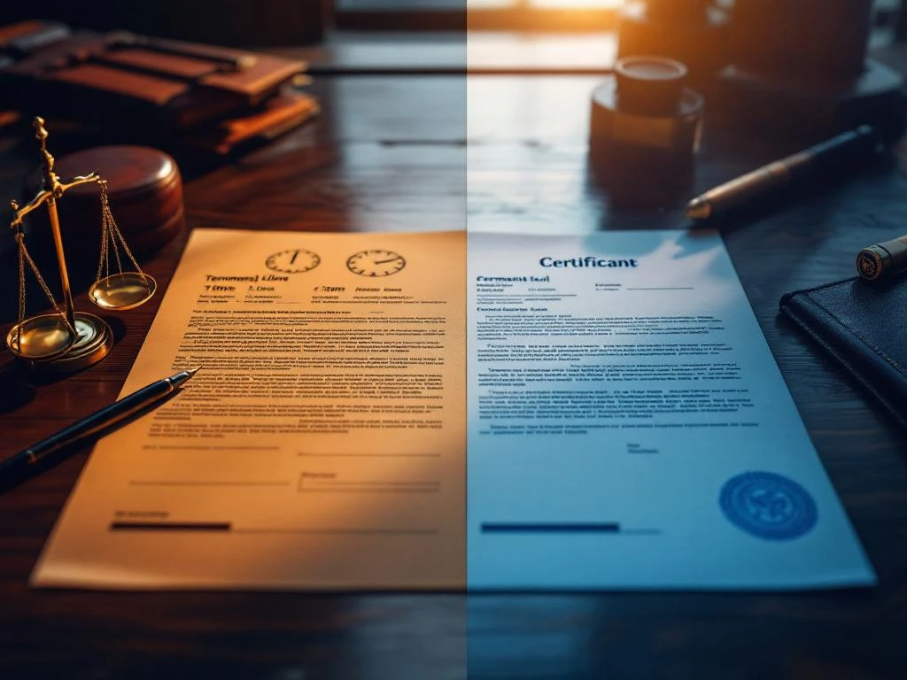 Twee juridische documenten op houten bureau met weegschaal van justitie, tijdelijke en permanente rechtsdocumenten