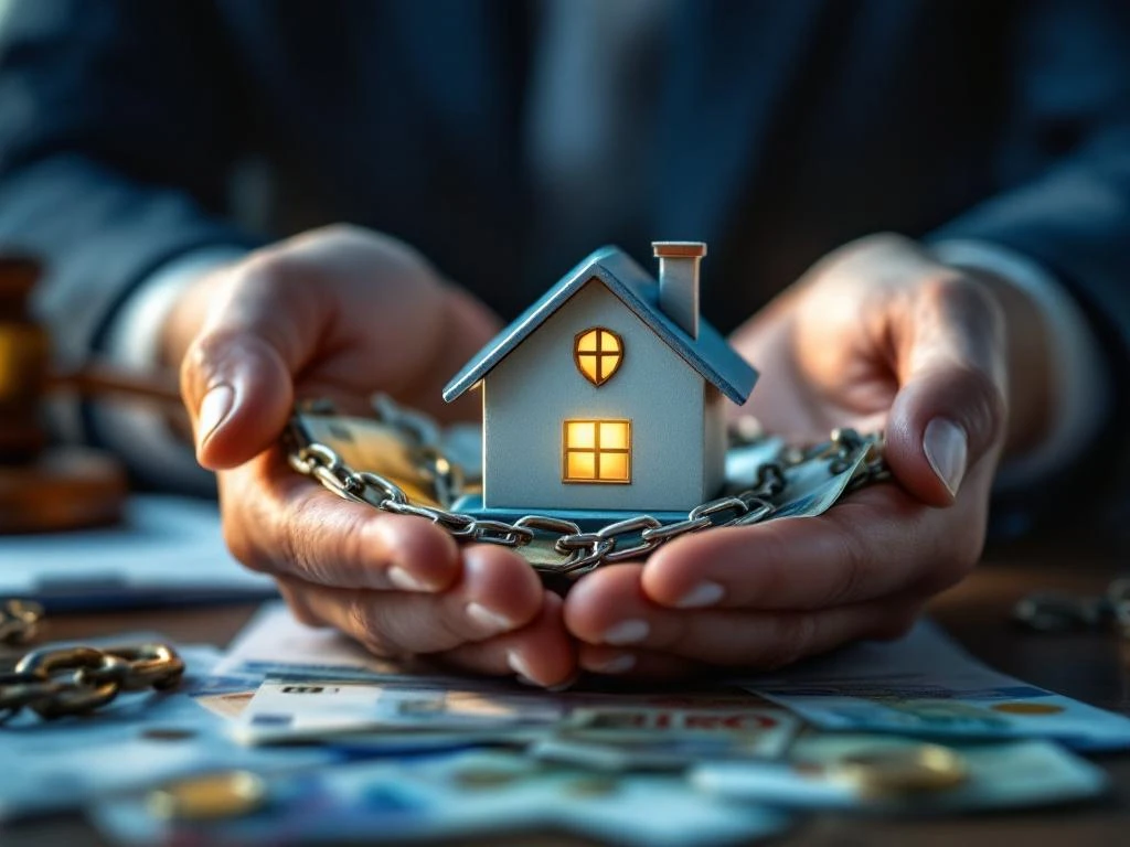 Beschermende handen rond miniatuurhuis en eurobiljetten met gloeiend schildsymbool, juridische documenten op achtergrond