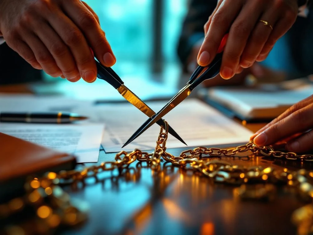 Handen knippen gouden ketenen door met schaar op bureau met documenten, symboliseert vrijheid van financieel bewind