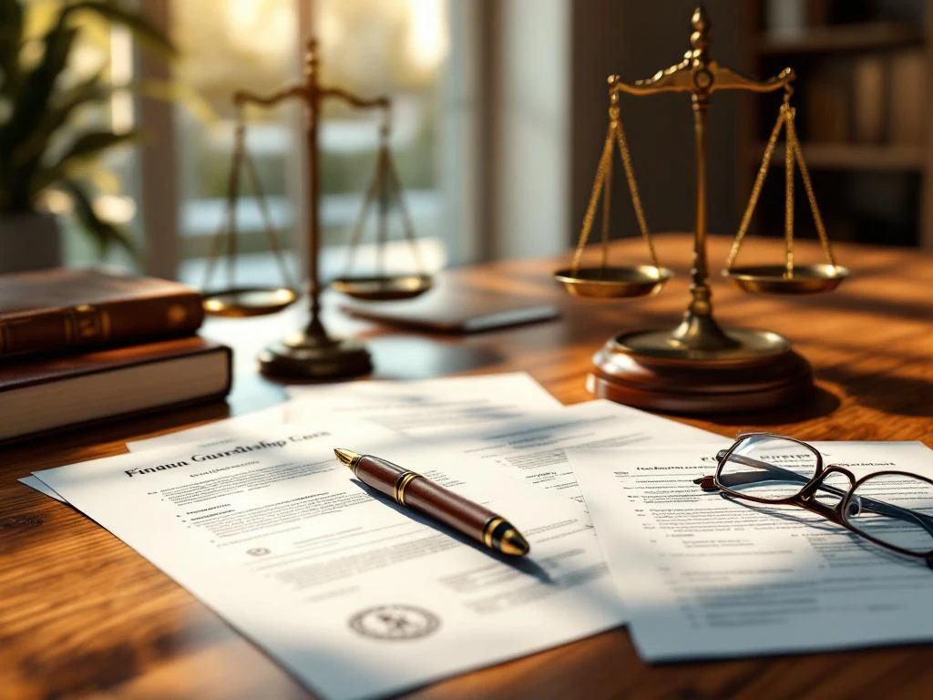 Houten bureau met juridische documenten, handtekeningen, weegschaal van justitie en wetboek voor financieel curatorschap