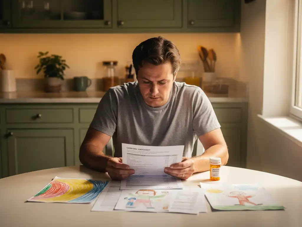 Alleenstaande ouder aan keukentafel met zorgbudget documenten, kindertekening en medicijnflesje in warm, natuurlijk verlicht interieur.