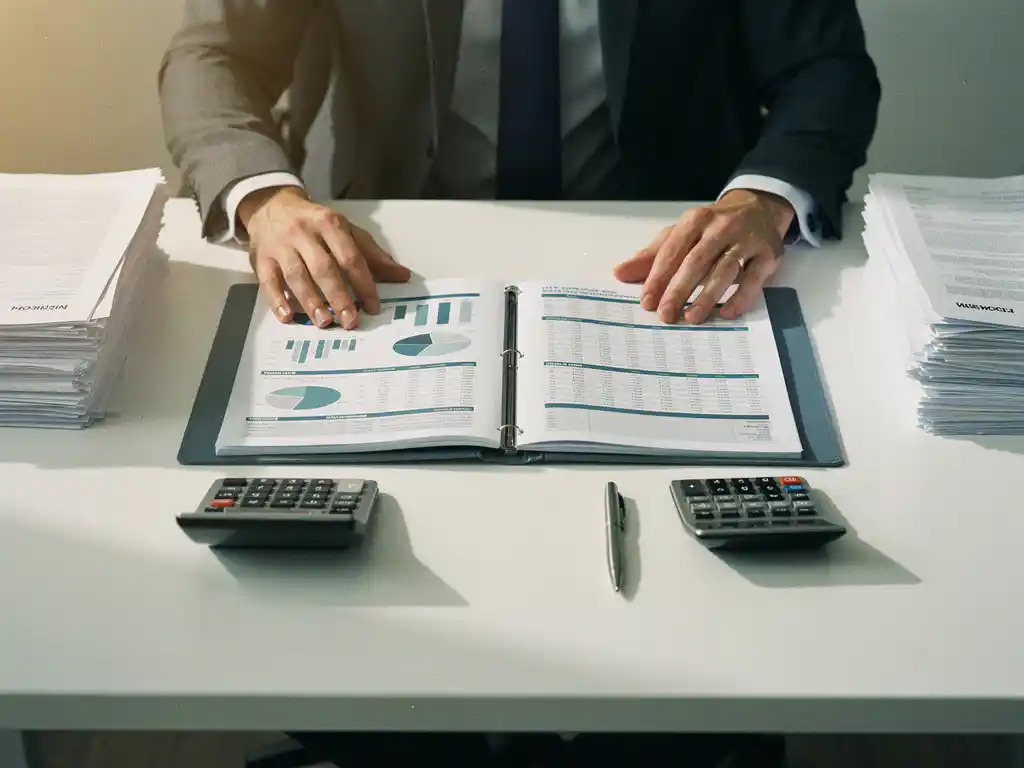 Ambtenaar bekijkt georganiseerd financieel dossier op wit bureau met gestapelde documenten, rekenmachine en pen.