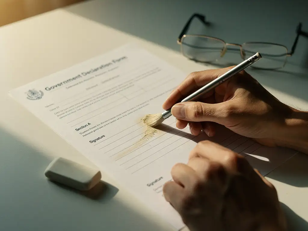 Handen die voorzichtig een potloodmarkering op een officieel overheidsdocument wegwissen, met een gum en leesbril op een wit bureau.