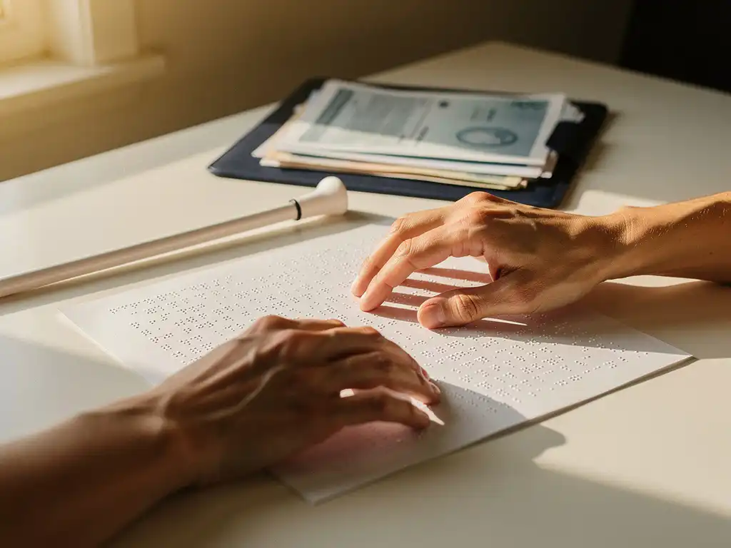 Handen die een brailledocument aftasten op een bureau, met een witte stok en financiële map op de achtergrond.