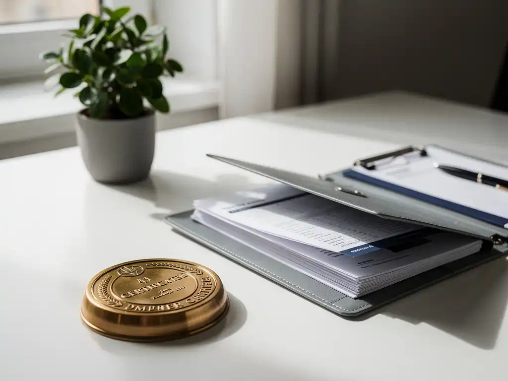 Bronzen certificeringspenning op wit bureau naast een financiële map en kleine kamerplant, zacht natuurlijk licht.