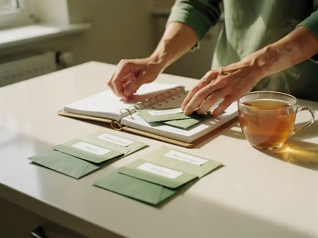 Handen die een persoonlijke planner en gelabelde budgetenveloppen ordenen op een keukentafel, met een dampende kop thee in warm natuurlijk daglicht.