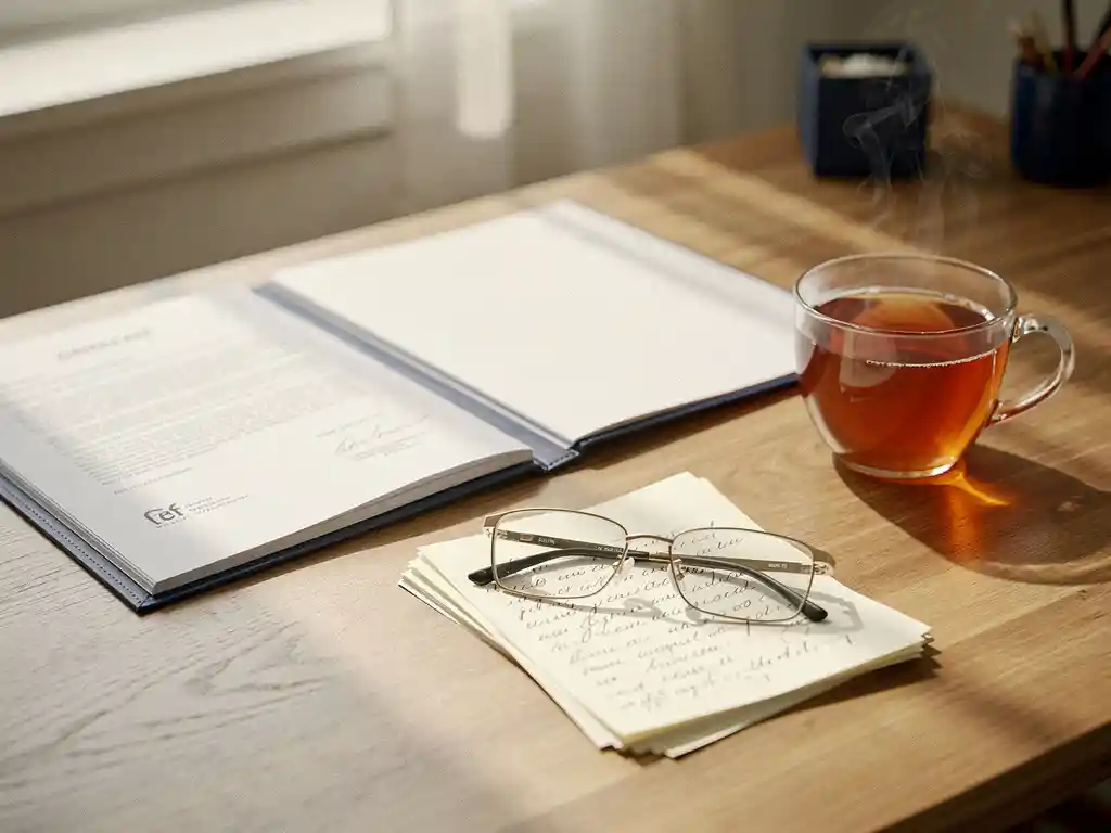 Houten bureau met open officieel documentmap, kopje thee, leesbril op handgeschreven notities en zacht natuurlijk raamlicht.