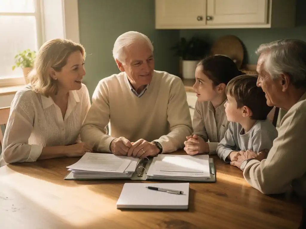 Multigenerationeel gezin rond een keukentafel met financiële documenten en notitieboek, warm middaglicht, rustige sfeer.
