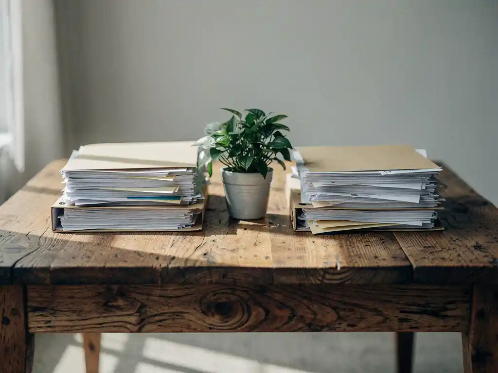Verweerde eiken tafel met twee stapels financiële documenten en mappen, gescheiden door een kleine kamerplant, in zacht natuurlijk raamlicht.