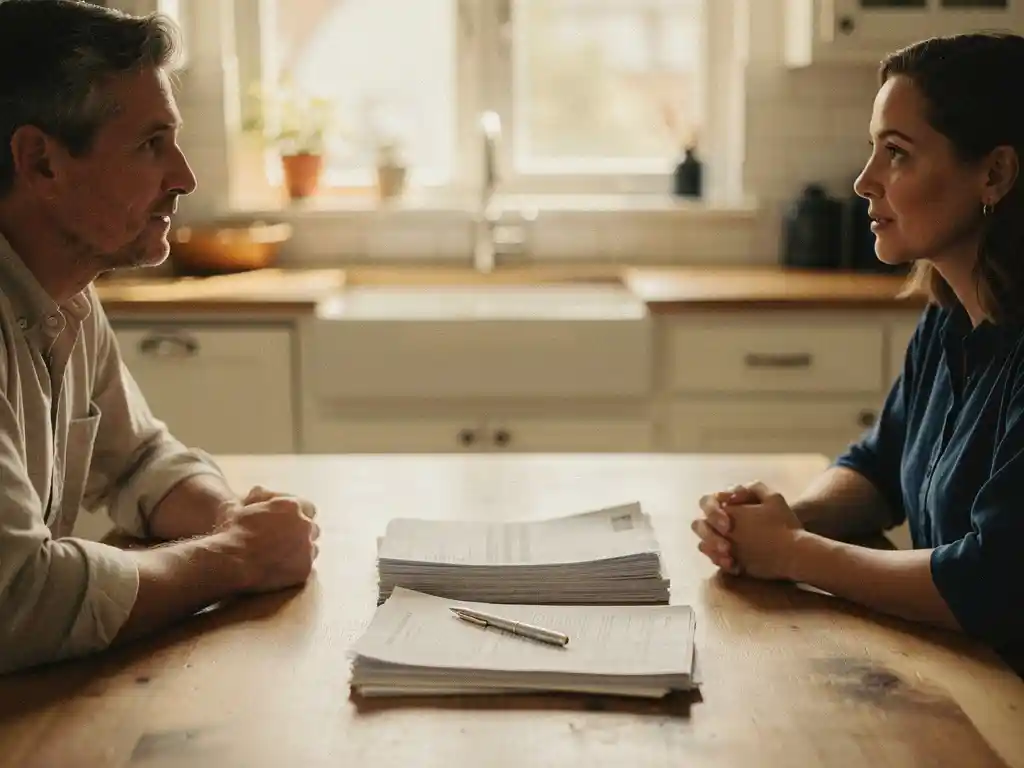 Twee mensen in gesprek aan een keukentafel met financiële documenten en een pen, warm middaglicht vanuit een raam.
