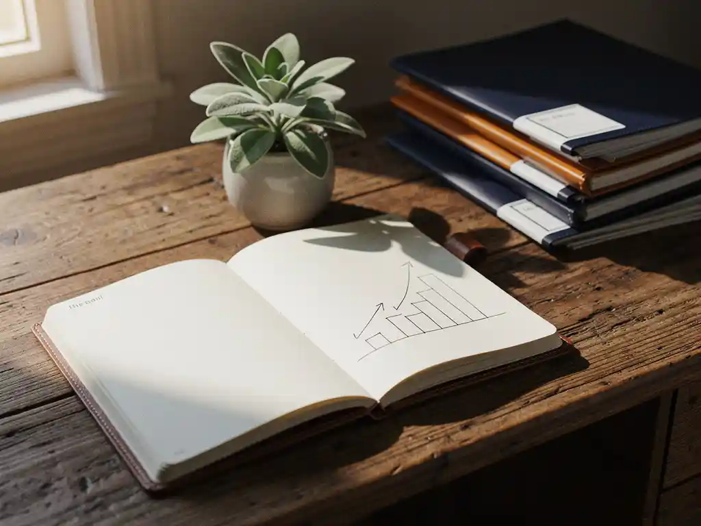 Eikenhouten bureau met open leren agenda, groeigrafiek, groen plantje in keramieke pot en geordende financiële mappen in warm middagslicht.