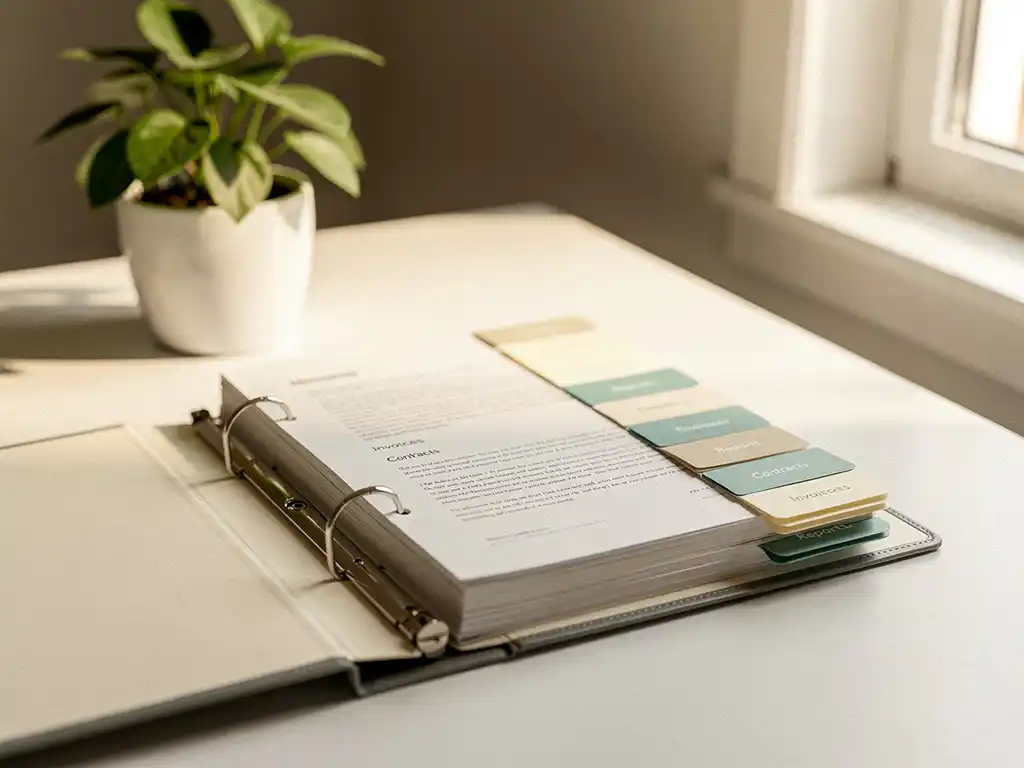 Georganiseerde ordner met gelabelde tabbladen op wit bureau, klein kamerplantje ernaast, zacht natuurlijk raamlicht.