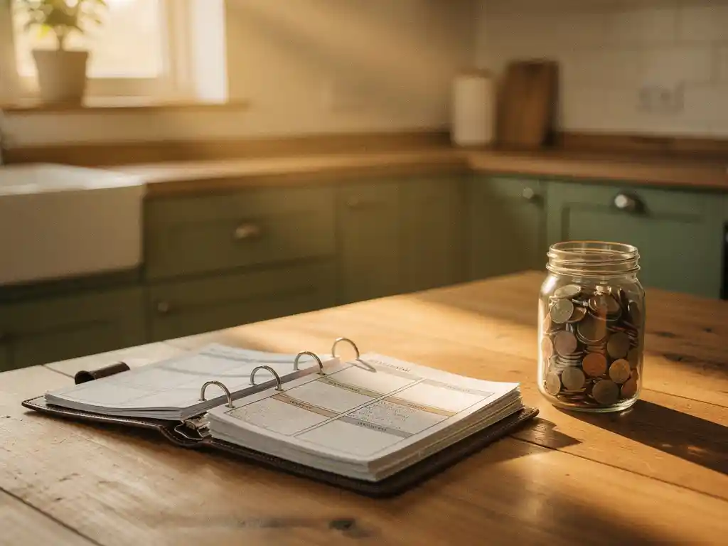 Huishoudbudget-ordner open op houten tafel naast een glazen pot met munten, zacht ochtendlicht in een gezellige keuken.