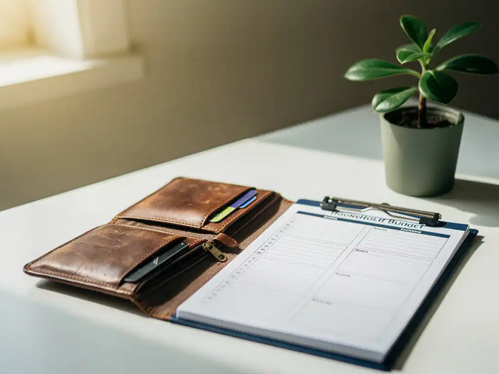 Versleten leren portemonnee naast een huishoudbudgetplanner op wit bureau, met groene plant en zacht natuurlijk daglicht.