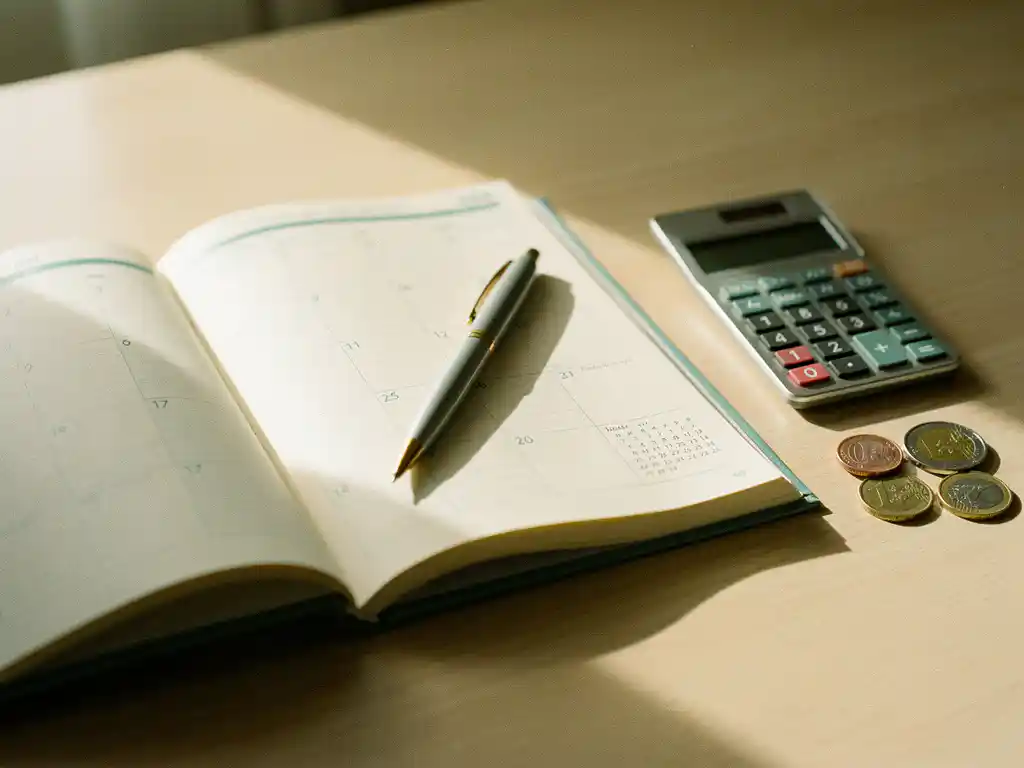 Open jaarplanner op houten bureau met rekenmachine, euromunten en pen in warm natuurlijk daglicht.