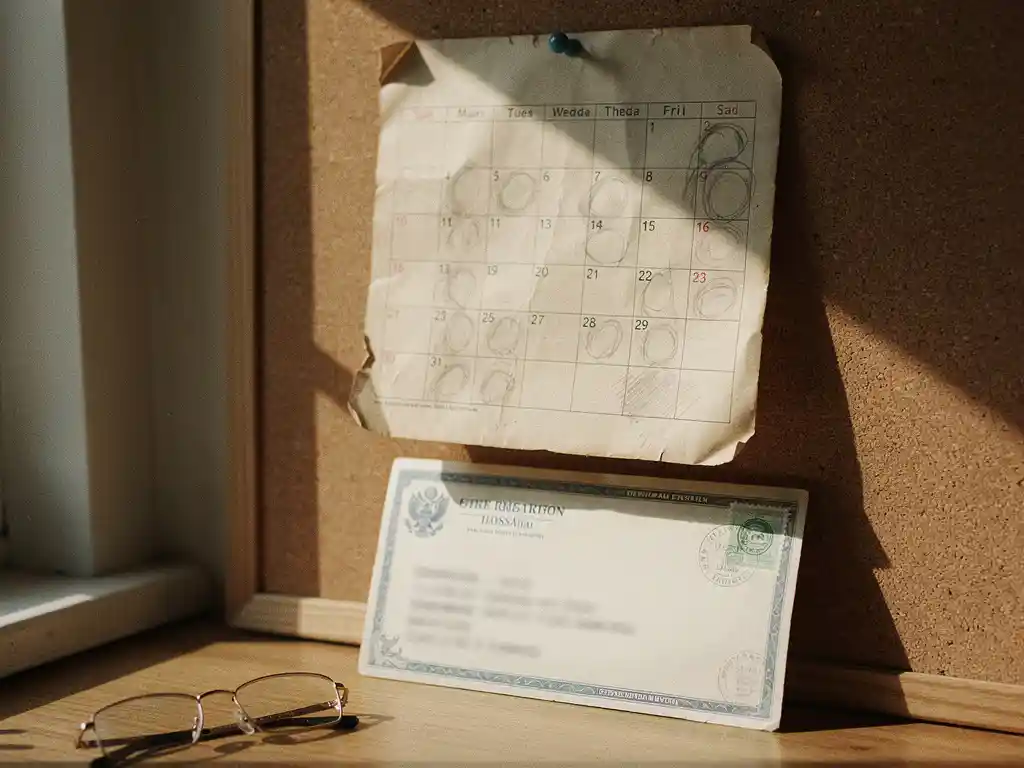 Versleutelde papieren kalender op kurk prikbord met potloodcirkels, opengevouwen officiële overheidsbrief eronder, leesbril op de voorgrond.