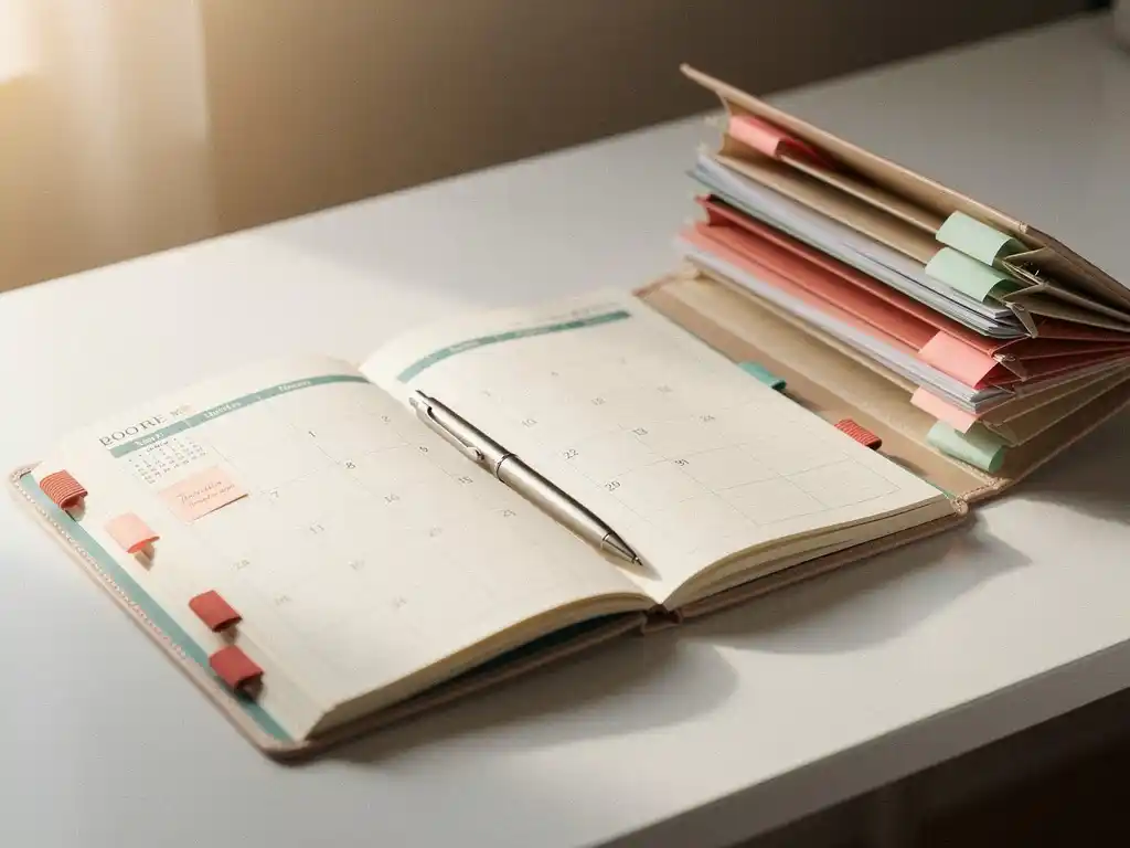 Open agenda met maandkalender, sticky notes en pen op wit bureau, naast een accordeonmap met gesorteerde documenten in warm ochtendlicht.