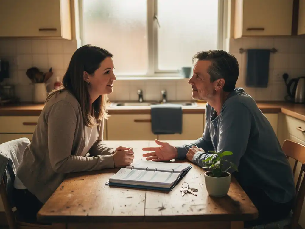 Maatschappelijk werker en cliënt bespreken budgetmap aan keukentafel in begeleid wonen, met huissleutels en kamerplant nabij.