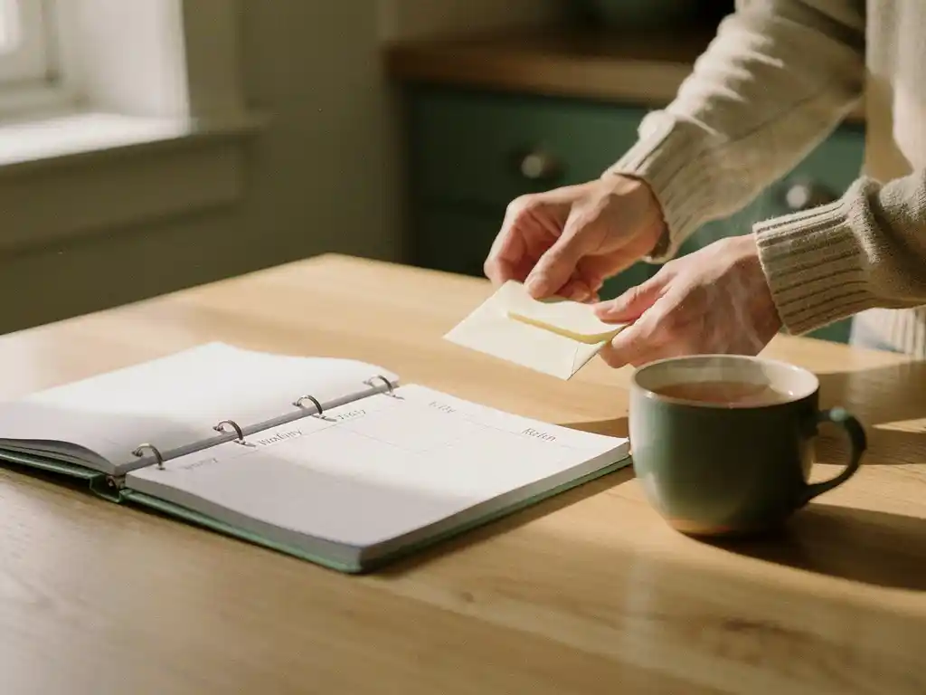 Verzorger legt een envelop met geld naast een weekplanner en kop thee op een eiken tafel in warm natuurlijk daglicht.