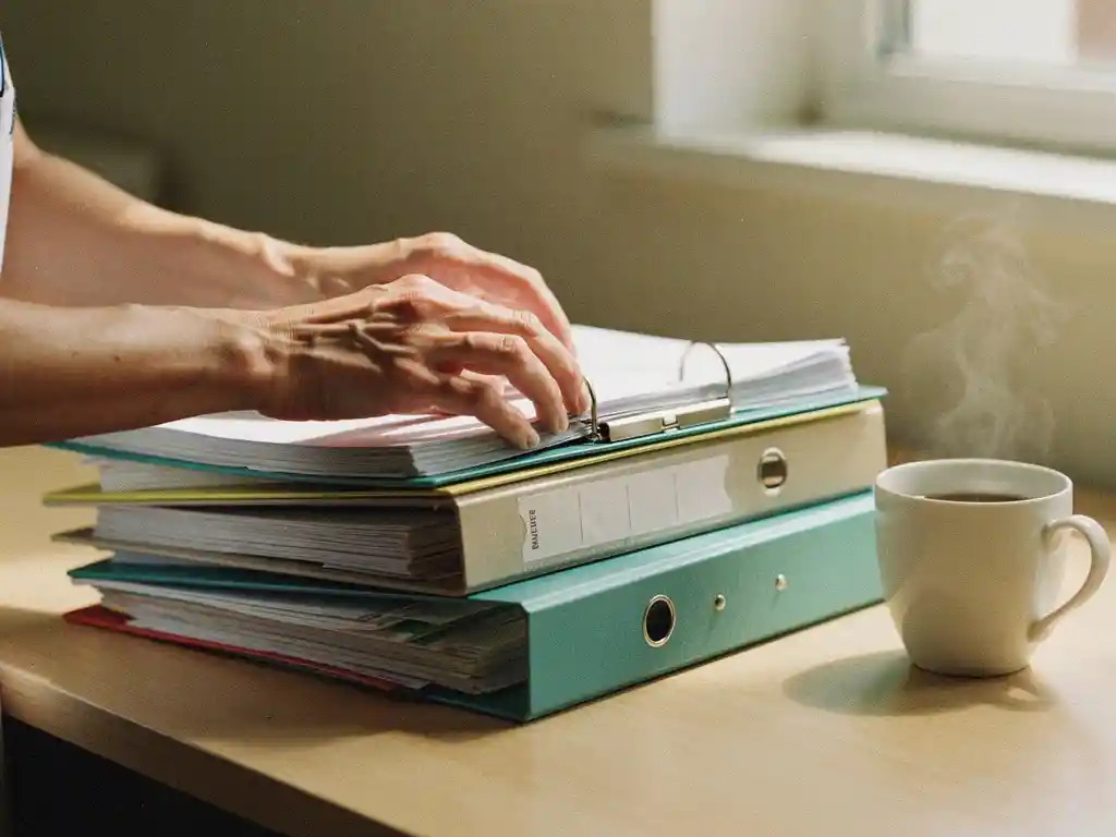 Verzorger ordent financiële documenten en zorgmappen op houten bureau, dampende koffie op de achtergrond, warm natuurlijk licht.