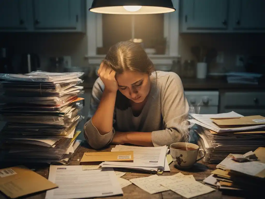 Uitgeputte mantelzorger aan rommelige keukentafel met stapels officiële documenten en ongeopende enveloppen, hoofd rustend in de hand.
