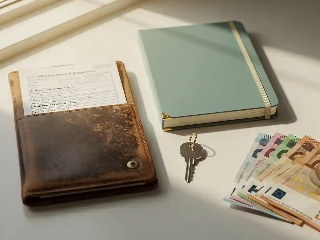 Versleten leren map met medische diagnoseformulieren naast een budgetplanner, huissleutel en eurobiljetten op een wit bureau.