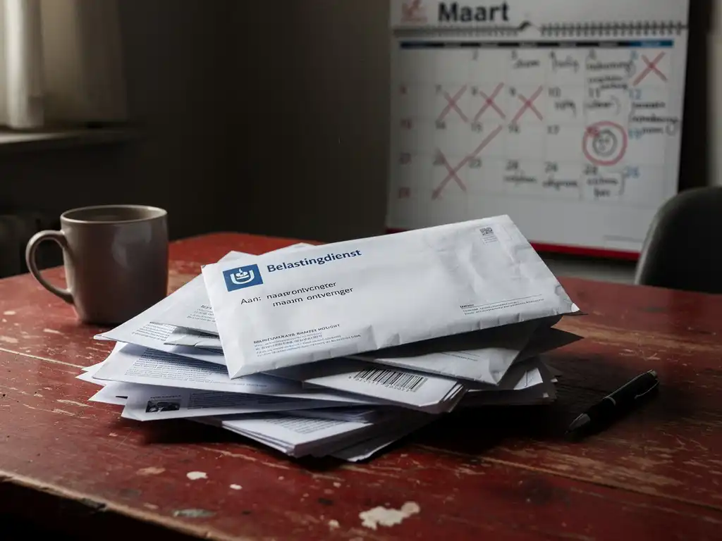 Ongeopende officiële enveloppen en financiële documenten op een versleten keukentafel, met een kalender op de achtergrond.