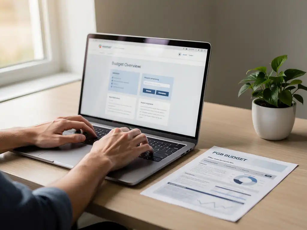 Handen die een overheidspagina raadplegen op laptop, naast een uitgeprint PGB-budgetoverzicht op een opgeruimd bureau.